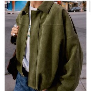 Zara Khaki Suede Bomber Jacket military green